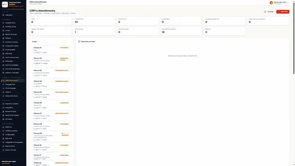 Tela de CRM e atendimento do sistema Alpha