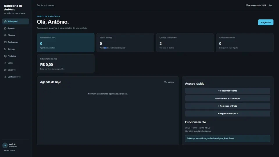 Painel do sistema de gestão para barbearia