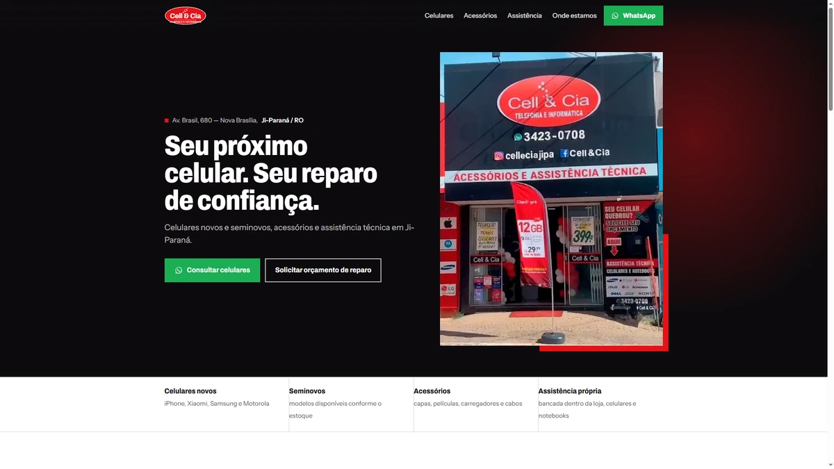 Página inicial do site da Cell e Cia de Ji-Paraná